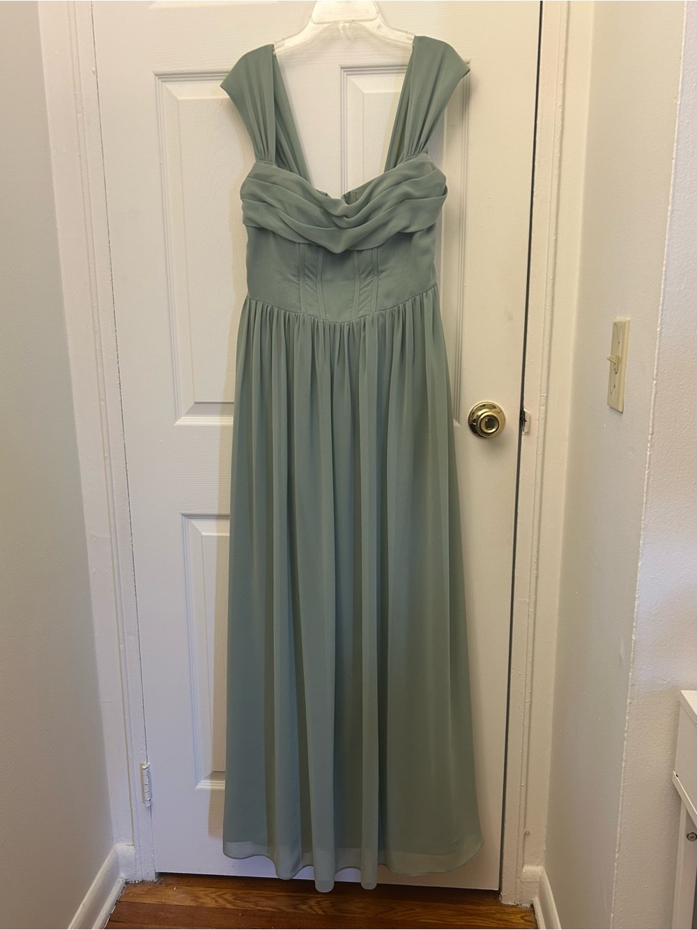 Azazie Chiffon Corset Bodice Maxi Dress in Matcha, Size A12